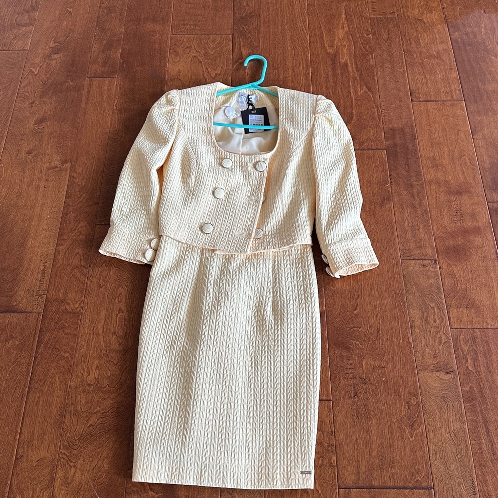 Valentino Pale Yellow Textured Midi Dress with Square Neck, includes jacket.